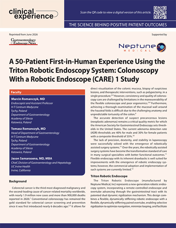 A 50-Patient First-in-Human Experience Using the<br />
Triton Robotic Endoscopy System: Colonoscopy<br />
With a Robotic Endoscope (CARE) 1 Study
